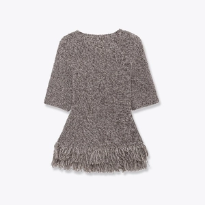 Haut à Manches Courtes en Tricot à Franges Mode Femme Bohème Décontracté Gris Chiné Pull en Tricot T-Shirt à Glands