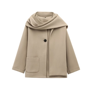 Oatmeal wool-blend jacket with integrated scarf and large black button detail