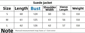 Detailed size chart for suede jackets including length, bust, and sleeve measurements