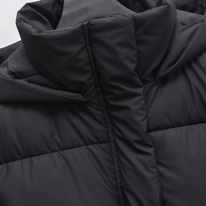 Women's black matte hooded puffer jacket with horizontal quilting and high windproof collar
