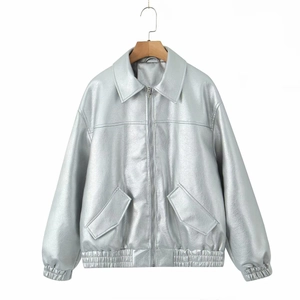 Detail of silver metallic PU jacket featuring lapel collar, front zipper, and elastic hemline