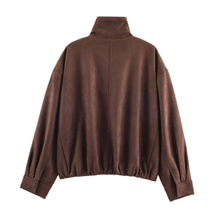 Back view of a dark brown suede jacket with stand collar and gathered hem detailing