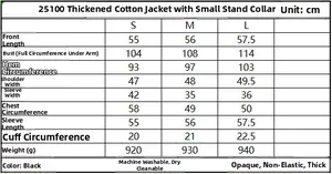 Detailed size chart for the black quilted jacket with stand collar in S, M, L dimensions