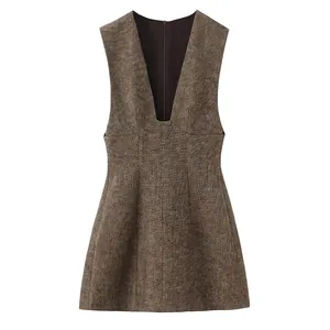 Robe Mini Femme Sexy Col en V Profond Sans Manches en Tweed Marron Mélange Coupe Slim Ligne A Robe de Soirée