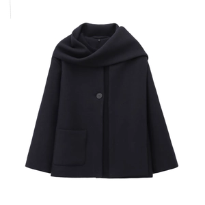 Minimalist dark blue long wool coat featuring a built-in scarf collar and large patch pocket