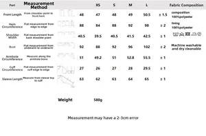 Tableau des tailles pour veste courte à manches longues avec mesures détaillées de XS à L