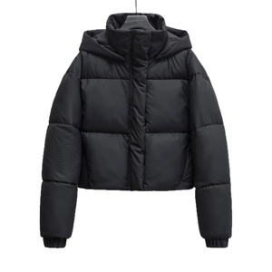 Women's minimalist black hooded padded jacket with a loose fit and waterproof matte finish