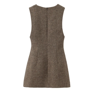 Robe mini sans manches col en V profond en tweed marron avec fermeture éclair au dos