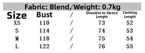 Size chart for hooded bomber jacket with fabric details and measurements in cm