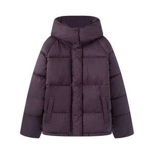 Modern deep purple hooded quilted jacket with minimalist loose fit and windproof flap
