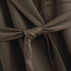Women's elegant loose belted coat and pleated pants set in textured olive fabric