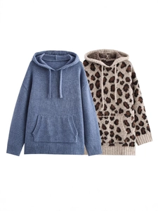 Women Loose Knit Hoodie Leopard Print Solid Color Long Sleeve Hooded Sweater With Kangaroo Pocket Casual Knitwear Jacket Top