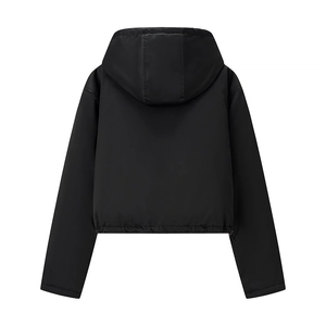 Back view of a black hooded jacket featuring a drawstring hem and drop shoulder design