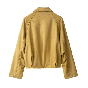 Back view of mustard yellow suede texture jacket featuring lapel and raglan sleeves