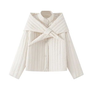 Women's off-white quilted jacket with a stylish detachable scarf collar and button closure