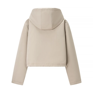 Detail of light khaki hooded jacket with drawstring hem and smooth windproof fabric