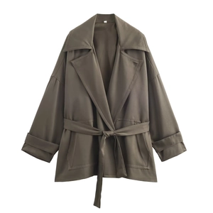 Women's loose short trench coat set with belt and pleated trousers in olive green