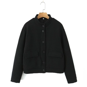 Detailed view of black knit texture and button closure on short stand collar jacket