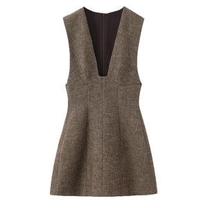Robe mini sans manches col en V profond en tweed marron avec coupe évasée et fermeture éclair
