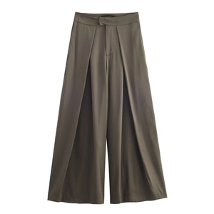 Women's dark olive wide leg trousers with deep pleats and high waist flowy fit