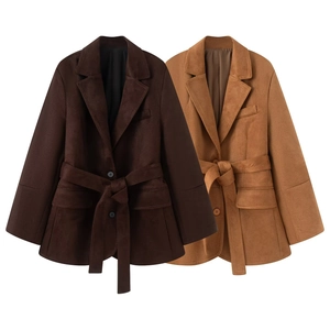 Women Faux Suede Blazer Jacket With Shoulder Pads Notch Lapel Tie Waist Long Sleeve Vintage Casual Autumn Outerwear Top