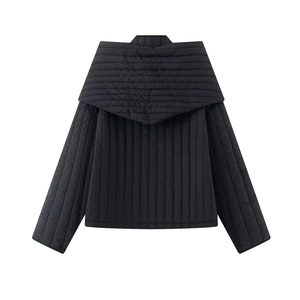 Women's black quilted jacket with large hood and stand collar, back view style