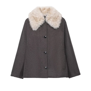 Deep grey faux fur collar jacket with A-line cut and black buttons for women