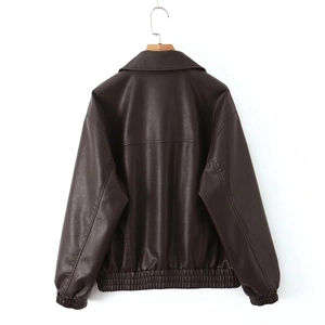 Back view of loose chocolate brown PU leather jacket with elastic hem and lapel collar