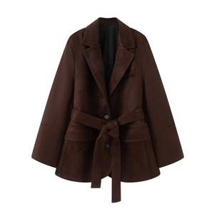 Flat lay of brown suede blazer with lapels, buttons and a matching waist belt detail