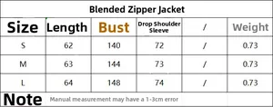 Size chart for blended zip jacket including length, bust, and sleeve measurements