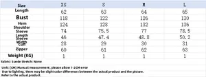 Detailed size chart for women's faux suede hooded jacket with measurements in centimeters