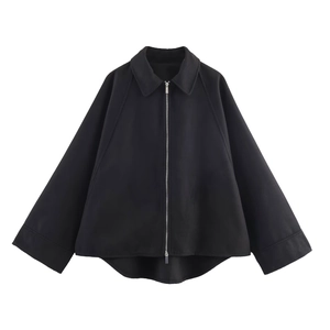 Women Loose Zipper Jacket Solid Color Lapel Long Sleeve Cape Silhouette Coat Autumn Winter Street Style Outerwear