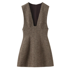 Abito Mini In Tweed Da Donna Senza Maniche Vintage Scollo A V Profondo Linea Ad A Vita Stretta Zip Posteriore Elegante