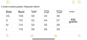Size chart table for women's standing collar padded jacket showing measurements from XS to L