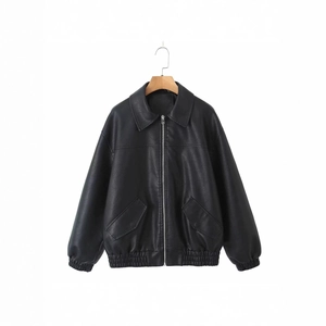 Classic black PU leather bomber jacket with lapel collar and elastic waist for women