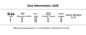 Size chart for women's brown leather jacket showing S, M, L dimensions and measurements