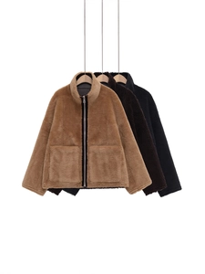 Veste Décontractée en Fausse Fourrure Sherpa pour Femme Col Montant Fermeture Éclair Cardigan Large Manteau Avec Grandes Poches Automne Hiver