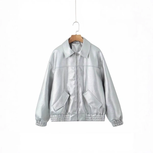 Chic metallic silver PU leather jacket featuring lapel collar and elastic waist hem design