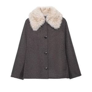Women Elegant Faux Fur Collar Woolen Jacket Loose Fit Single Breasted Dark Gray Mid-Length Autumn Winter Streetwear Coat