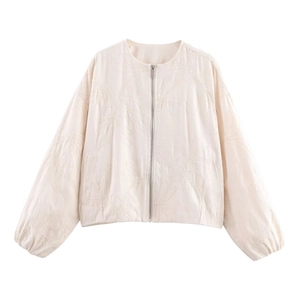 Giacca Corta Ricamata a Fiori Donna Cappotto con Cerniera Girocollo Casual Largo Misto Cotone Capispalla a Maniche Lunghe