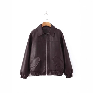 Classic dark brown PU leather jacket with lapel collar and elastic hem for women