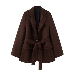 Dark brown faux suede blazer with padded shoulders and belted waist for women