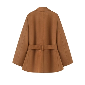Back view of caramel wool coat with shoulder pads, notched lapel and adjustable waist belt