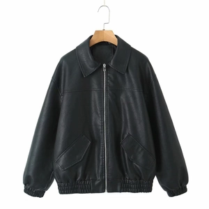 Classic black faux leather jacket with lapel collar and elasticated waist for women