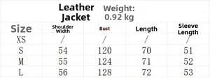 Detailed size chart for women's long sleeve PU leather jacket with measurements in cm