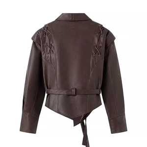 Detail of dark brown leather jacket back with corset lace-up design and belted waistline