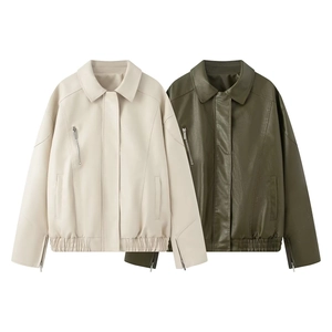 Women's Loose Casual Faux Leather Jacket Lapel Collar Long Sleeve PU Biker Coat With Zipper Pocket Fashion Streetwear Outerwear