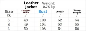 Size chart for women's washed leather jacket showing shoulder, bust and length details