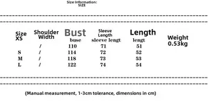 Detailed size chart for French style short trench coat with measurements in centimeters
