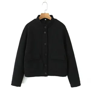 Women Casual Stand Collar Padded Jacket Black Solid Single Breasted Waffle Texture Long Sleeve Streetwear Coat Outwear